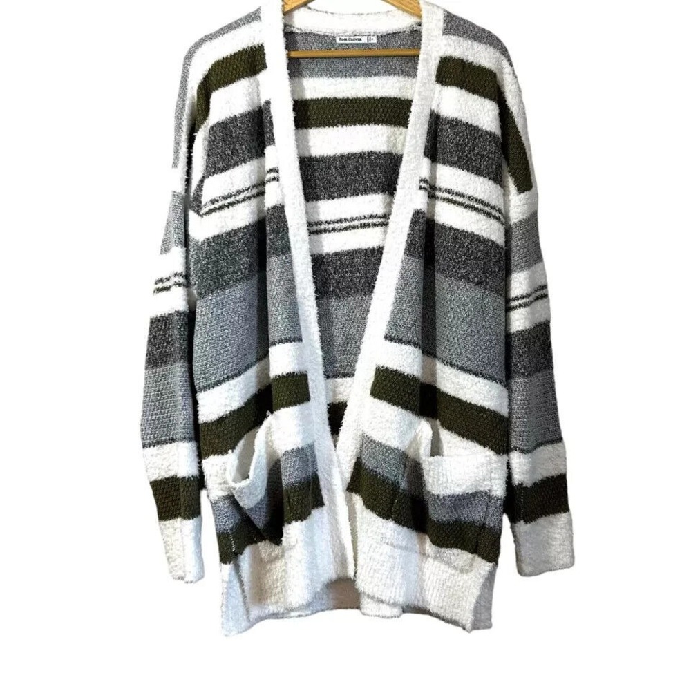 PINK CLOVER OPEN FRONT CARDIGAN SWEATER Women's Medium GREY GREEN STRIPE